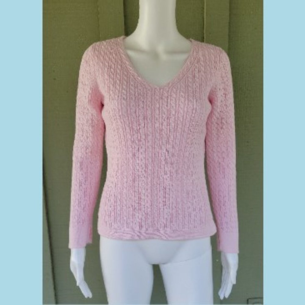 TALBOTS Pink Cotton Cable Knit Sweater Sz P Petite